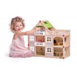 Casuta din lemn natur P+2 cu anexa, balcoane si terasa cu mobilier si accesorii incluse 